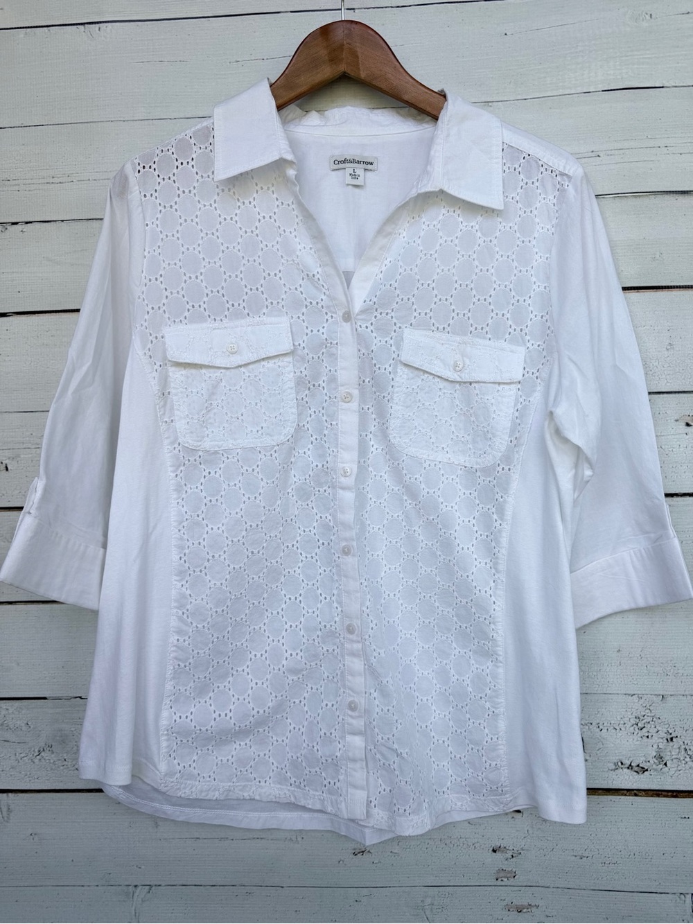 Croft & Barrow Eyelet Lace Front Roll Tab 3/4 Sleeve Button Down Blouse large